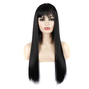 Dynamic Long Straight Hair With Messy Bangs Wig Headcover(Black)