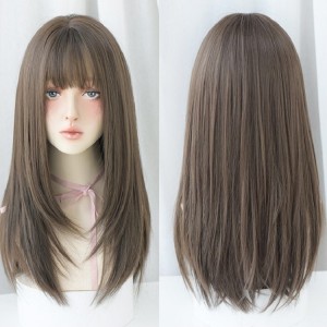 Ladies Long Straight Hair Air Bangs Wig Hair Set, Colour: Cool Brown