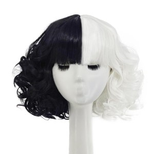 Cool Wigs Natural Breathable Head Cover Ladies Short Curl Wig Hat(Black White)