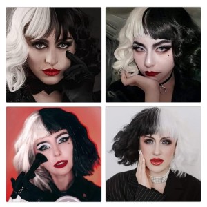 Cool Wigs Natural Breathable Head Cover Ladies Short Curl Wig Hat(Black White)